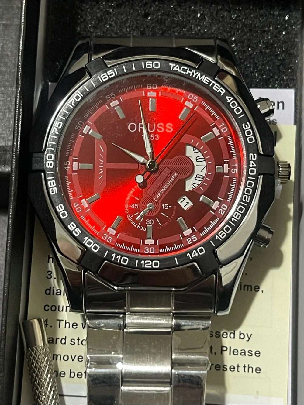 ORUSS Men's watch, authentic new model, large dial, calendar function, Red dial